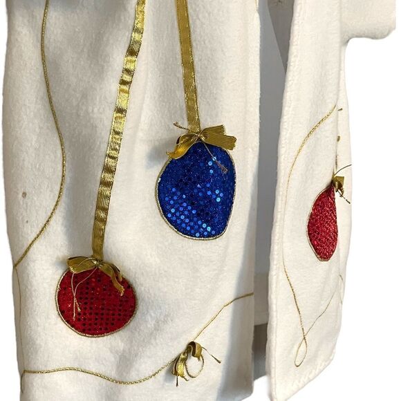 Hand Sewn Christmas Holiday Sequin Bead Ornament Gold Ribbon Fleece Jacket Top - Picture 15 of 16